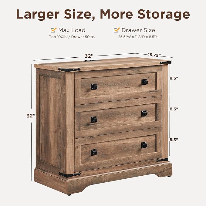 T4TREAM 32" Farmhouse Nightstand with Charging Station, Large End Table with 3 Storage Drawers, Rustic Wood Bedside Table for Bedroom, Living Room, Rustic Oak