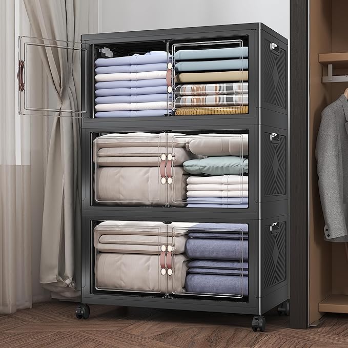 Extra Large Stackable Storage Bins with Lids&Wheels,375QT-125QT/32GAL*3Pack Collapsible Container Closet Organizers,Plastic Stackable Storage drawers for bedroom Dorm