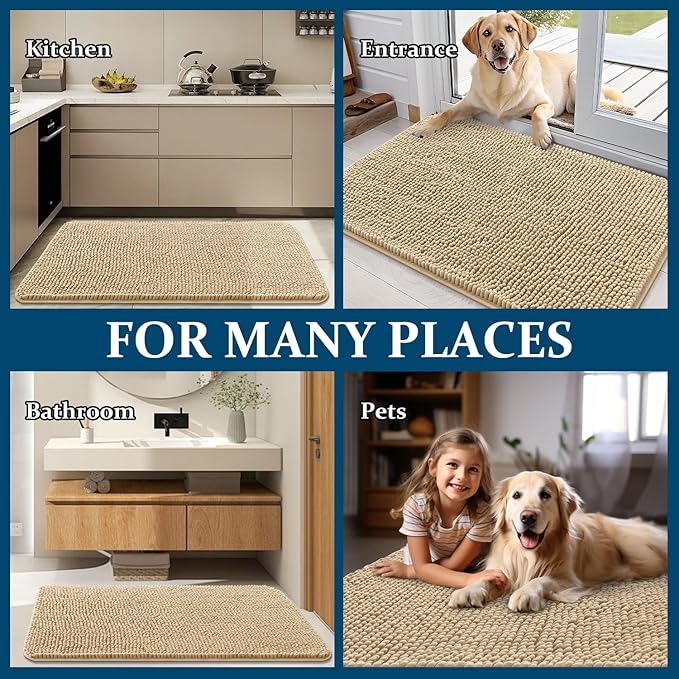 OLANLY Dog Door Mat for Muddy Paws 50x30, Absorbs Moisture and Dirt, Absorbent Non-Slip Washable Doormat, Quick Dry Chenille Mud Mat for Dogs, Entry Indoor Entryway Carpet for Inside Floor, Beige