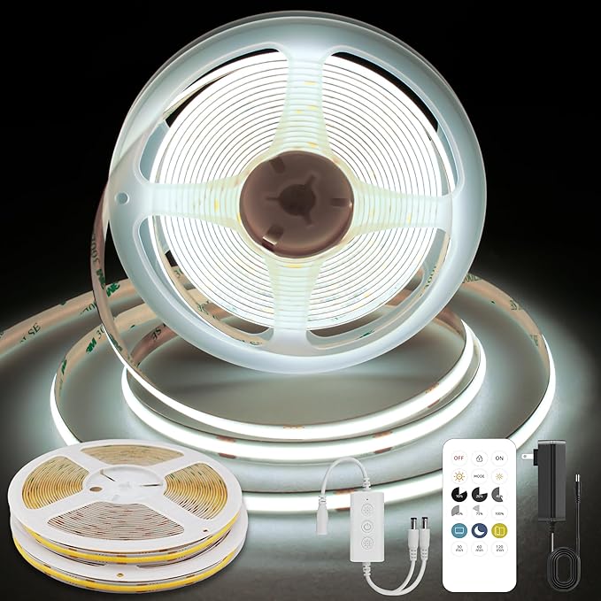 COB LED Strip Lights Cool White,24V Dimmable led Light Strip KIT with Remote and app Control,6000K 32.8FT/2 * 5m 8mm Wide Ra>90 Cuttable Flexible Strip Lights forBedroom,Wardrobe,Cabinet