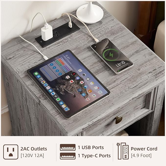 SAVOR LIFE Farmhouse End Tables Living Room Set of 2, Rustic Wood Nightstand with 1 Drawer, Bedside Table with Open Shelf for Bed Room, Side Table for Living Room, Grey