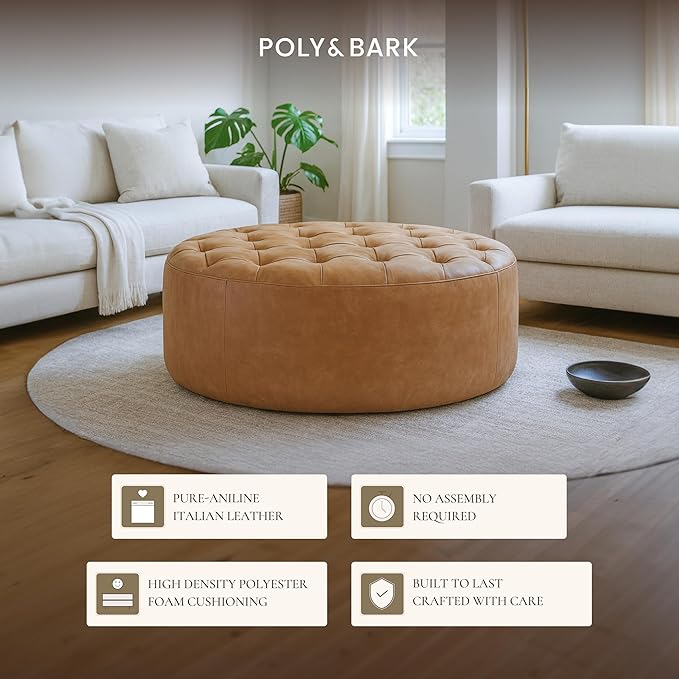 POLY & BARK Ascot Ottoman – 40" Round Pouf with Feather-Down Topper – Full-Grain Leather Upholstered Pouf Ottoman for Living Room – Vintage Italian Leather in Cognac Tan