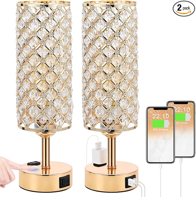 Hong-in Gold Lamps Set of 2, Dimmable Gold Lamps for Nightstand with USB-C+A & AC Charging Ports, 3-Way USB Crystal Lamp, Bedside Desk Light for Bedroom Living Room Home Office(Bulb Included)