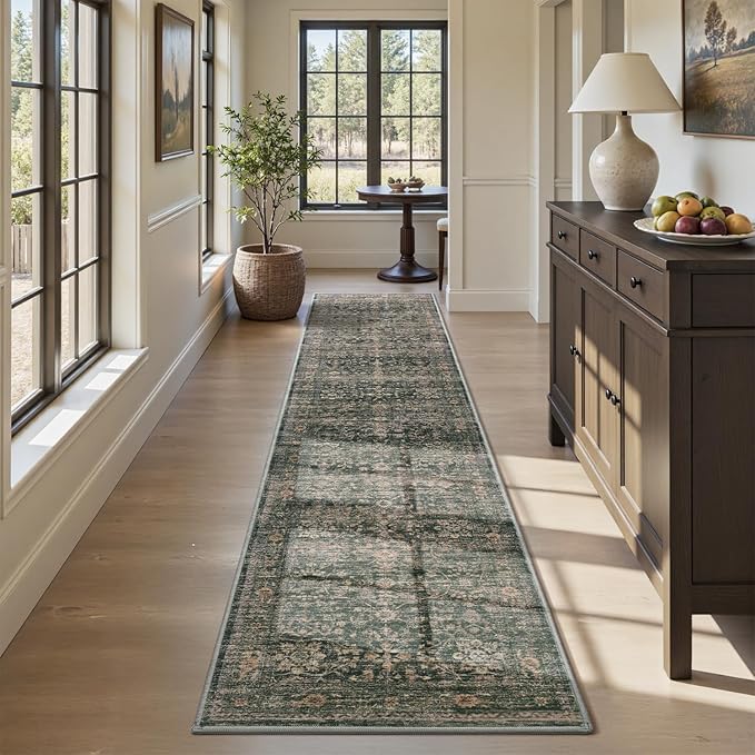 MontVoo-Vintage 2x10 Runner Rug-Soft Green Washable Runners for Hallways-Non Slip Bedside Rugs for Bedroom-Machine Washable Long Rug for Hallways Entryway Laundry Room Stair Kitchen Bathroom