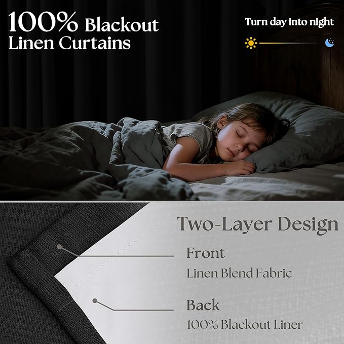 100 Inch Floor Length Linen Blackout Curtains for Bedroom Pinch Pleated Full Black Out Thermal Insulated Window Drapes Light Blocking Double Layer Soundproof 100 Inch Black Curtain 2 Panels Set