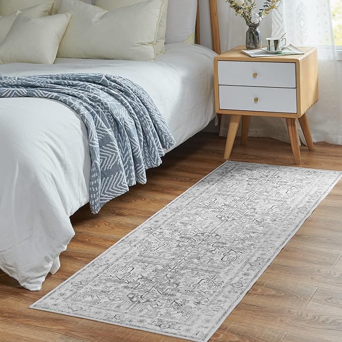 jinchan Lima Runner Rug 2x6 - Vintage Hallway Machine Washable Rug Floral Non Slip with Rubber Backing Ultra-Thin Carpet Runner for Kitchen Bedroom Laundry Room Farmhouse Entryway (2x6ft, Grey)