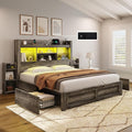 AMERLIFE Full Size Bed Frame with 4 Storage Drawers, LED Bed Frame with 49“ Tall Bookcase Headboard, Wood Platform Bed with Charging Station & 2 Slide Bedside Shelf, No Box Spring Needed/Rustic Grey