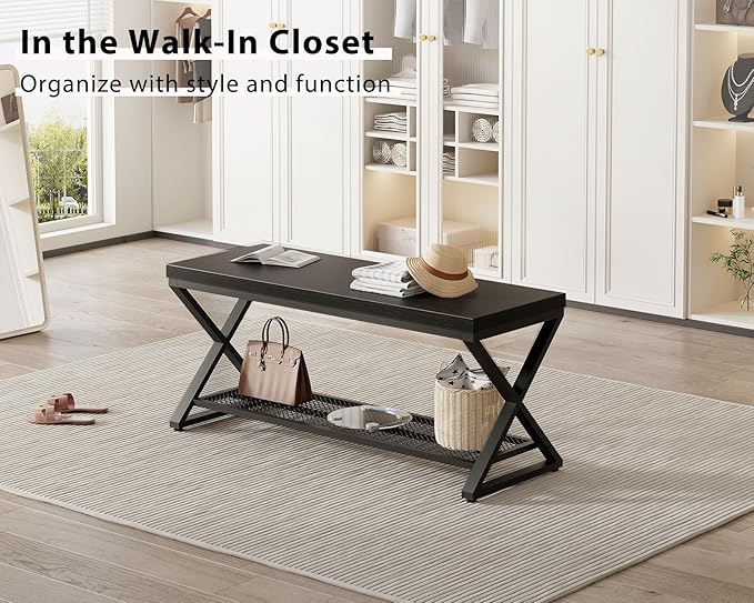 LVB Black Entryway Bench with Storage, Indoor Shoe Bench with Seating for Hallway, Accent Storage Bench for Living Room Bedroom, Simple Small Shoe Rack Benchs for Foyer Entrance, Black Oak, 39 inch
