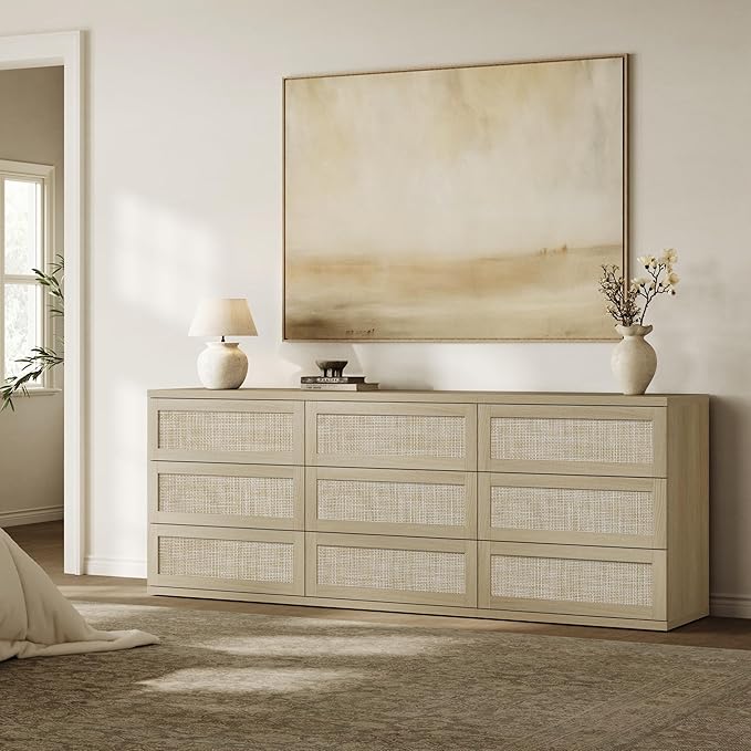 SICOTAS Dresser for Bedroom - 75" Wide 9 Drawer Dresser Rattan Dressers & Chests of Drawers Boho Drawers for Bedroom Bedside Table Clothes Long Closet Storage for Closet Hallway Entryway
