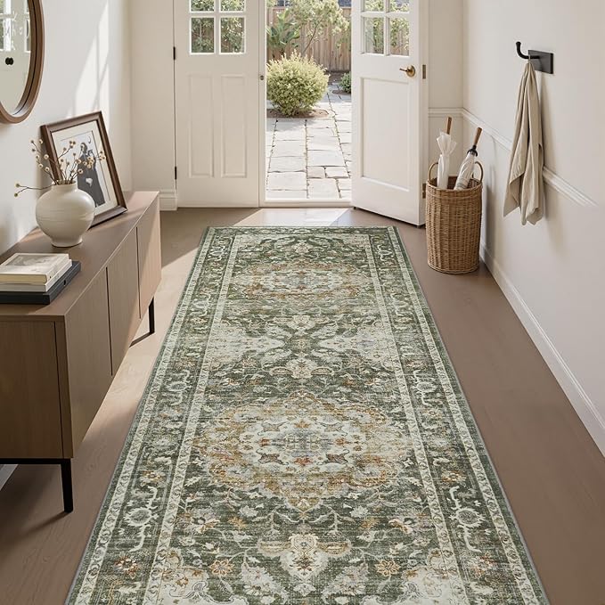 PADOOR 2X10 Runner Rug,Runners for Hallways,Soft Olive Washable Bedside Rugs for Bedroom,Non Slip Long Rug for Hallways Entryway Laundry Room Stair Kitchen Bathroom