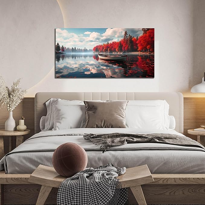 Large Wall Art for Living Room Bedroom Office Red Forest Wall Art Lake Landscape Pictures Modern Artwork Framed Canvas Prints 20x40 Inch