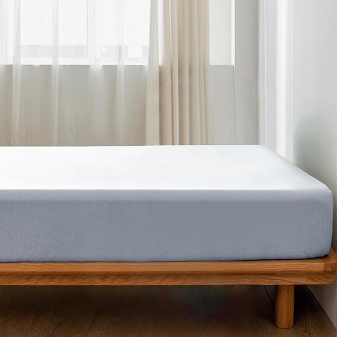 MooMee Fitted Bottom Sheet Only 100% Washed Cotton Linen Like Textured Breathable Durable Soft Comfy Deep Pocket Fits Mattress up to 17" (Cornflower Blue, California King)