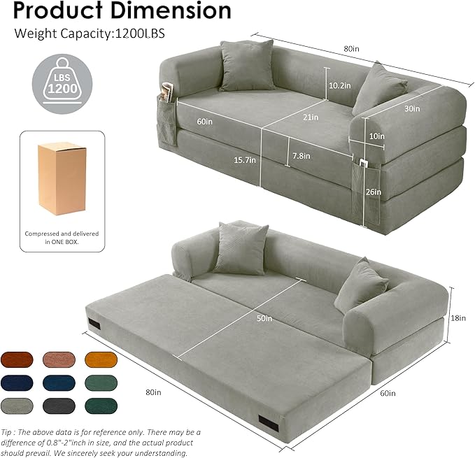 80" Convertible Sofa Bed, No Assembly Modern Boneless Compression Sofa in Box, 3-in-1 Corduroy Folding Pull Out Couch with Pillows, Floor Couch with Side Storage Pocket for Living Room,Light Grey