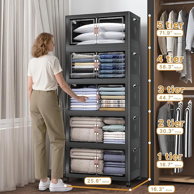 Extra Large Stackable Storage Bins with Lids & Wheels, Foldable Plastic Storage Bins (Dark, 275QT-55QT/14GAL*5Pack)