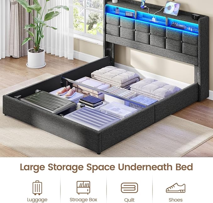 Lift Up Full Size Bed Frame with Storage, Upholstered Full Bed Frame with LED Lights Headboard and Charging Station, No Box Spring Needed, Easy Assembly - Dark Grey
