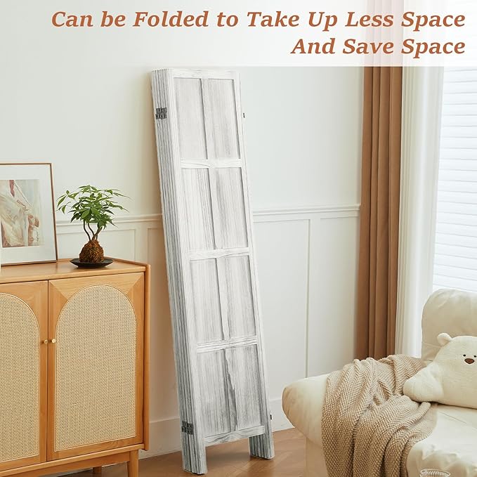 Wood Room Divider 6 Panel Folding Privacy Screen, Classic 5.6Ft Indoor Wooden Partition, Portable Partition Wall Divider for Room Separation, Home, Office, Bedroom, Restaurant (White)