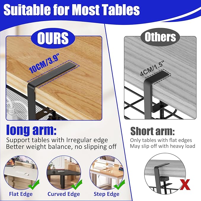 REFLYING Under Desk Cable Management Tray, Metal Long Arms (3.9in), No Drill Mesh Cable Tray, Wire Organizer, 1 Pack, Black