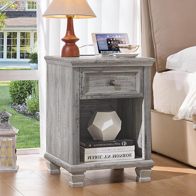 SAVOR LIFE Farmhouse End Tables Living Room Set of 2, Rustic Wood Nightstand with 1 Drawer, Bedside Table with Open Shelf for Bed Room, Side Table for Living Room, Grey