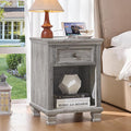 SAVOR LIFE Farmhouse End Tables Living Room with Drawer, Rustic Wood Nightstand with Charging Station, Bedside Table with Open Shelf for Bed Room, Living Room, Grey