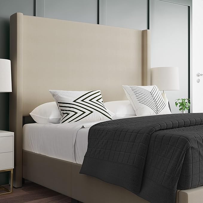 EMMA + OLIVER Nora Full Size Faux Linen Upholstered Platform Bed with Plush Padded Wingback Headboard (No Box Spring Needed), Modern Upholstered Headboard Full Bed Frame, Beige