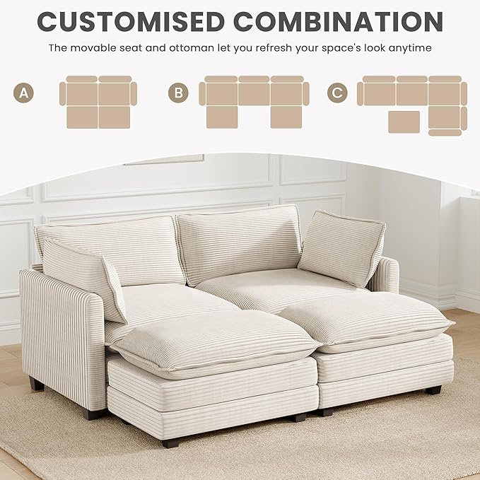 78'' Modular Sectional Cloud Couch with 2 Movable Ottoman, 4 Seat Comfy Modern Corduroy Sofa with 2 Throw Pillows, Deep Seat Sleeper Couch for Living Room Bedroom Apartment, Beige