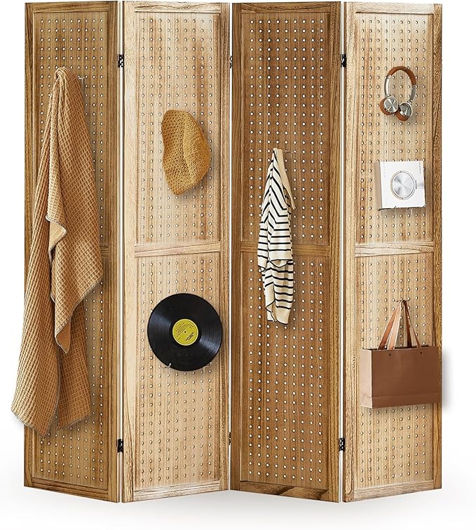 4 Panel Pegboard Display with 16 Hooks, Wooden Room Divider Wall and Folding Privacy Screens, Partition Room dividers, Pegboard Room Divider, Jewelry Store, Bedroom, Balcony, Light Brown