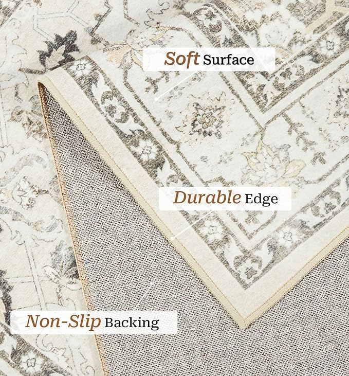 zesthome Area Rug 8x10,Ultra-Thin Washable Rugs for Living Room, Non-Slip Backing Area Rugs,Small Entryway Rug,Vintage Medallion Pattern Rugs (Beige,8'x10')