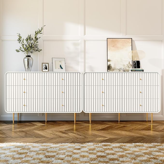 HLR Fluted 6 Drawers Dresser, 48'' Wide Modern Chest of Drawers with Gold Metal Handles,Dresser TV Stand, Wood Dressers & Chest of Drawers for Bedroom, Living Room, Hallway (White)