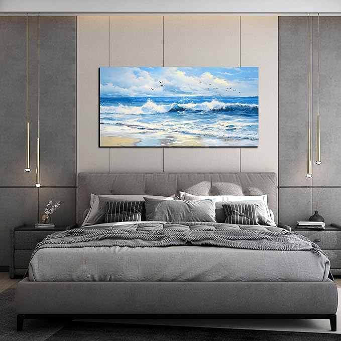 ENTANUB Ocean Wall Art for Bedroom, Sea Wave Wall-Decor for Living Room, Blue Picture Print, Size 48x24 Inches