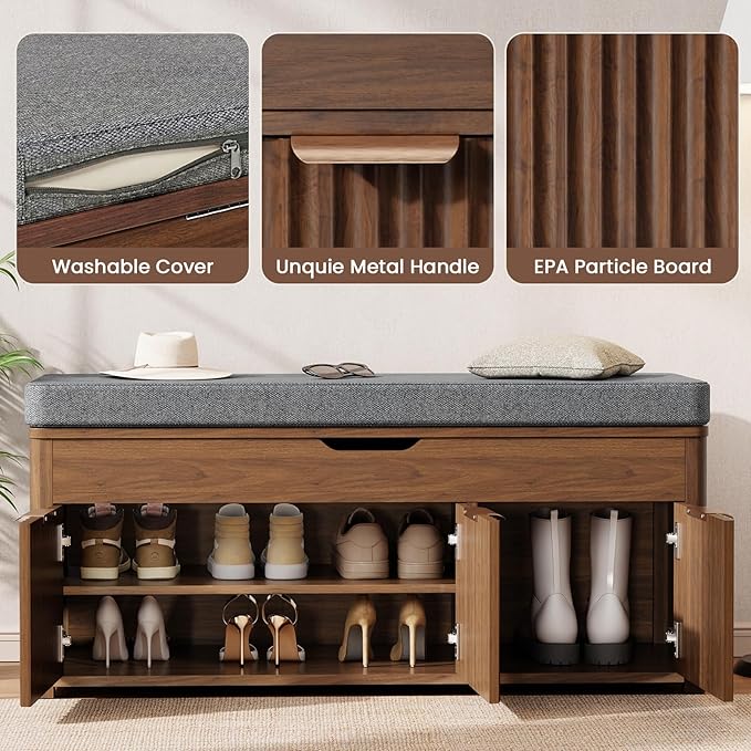Shoe Bench with Storage - Lift Top Entryway Bench with Hidden Storage, Shoe Rack with Adjustable Shelves and Cushioned Seat, Wooden End of Bed Bench for Bedroom, Living Room and Hallway,Walnut