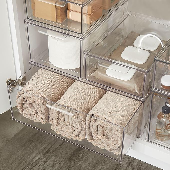 mDesign Plastic Stackable Bathroom Storage Organizer Bin Containers with Front Pull Drawer for Bathroom Countertop, Vanity, Closet Shelves - Holder for Accessories - Lumiere Collection, 2 Pack, Clear