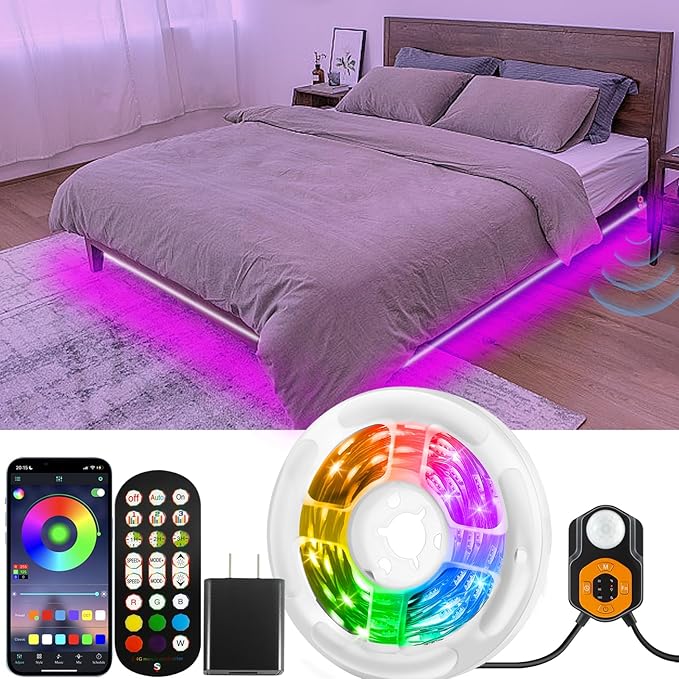 Motion Sensor LED Light Strip 19.68ft Under Bed Lights, RGB 3 Mode Motion Activated Bed Light with Music Sync and Timer, Dimmable Color Changing LED Lights Christmas Gift