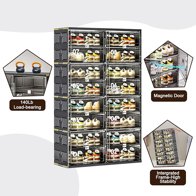 28 Pairs Portable Shoe Storage Cabinent of 3-Step Fast Installation,Plastic Shoe Box with Magnetic Clear Door for Entryway, Enclosed Shoe Rack for Sneaker, Heels etc.. (2Row, 7Tier)