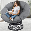 46" Giant Oversized Rattan Papasan Chair with Cushion and Frame for Adults, Fluid 360° Swivel, Waterproof, Black Frame with Dark Grey Cushion