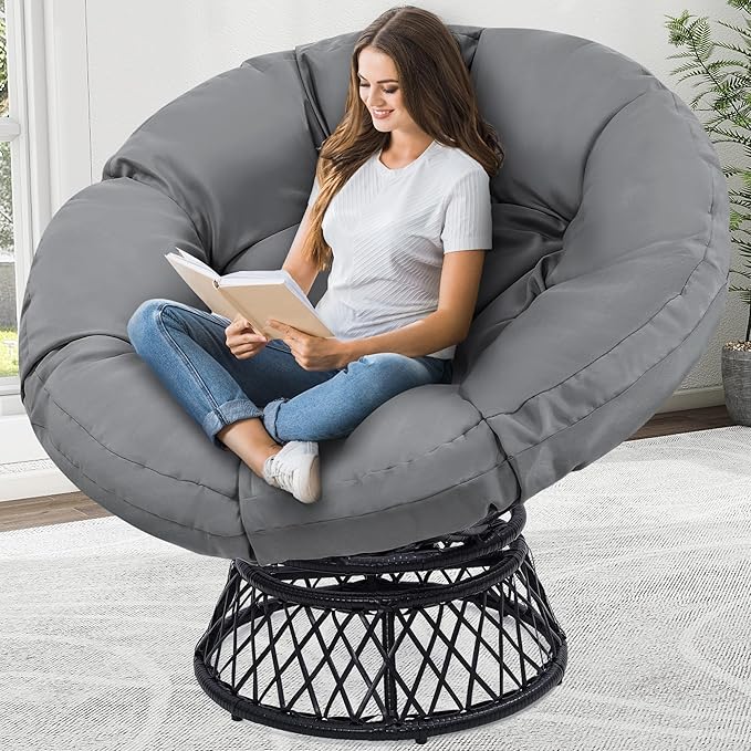 46" Giant Oversized Rattan Papasan Chair with Cushion and Frame for Adults, Fluid 360° Swivel, Waterproof, Black Frame with Dark Grey Cushion