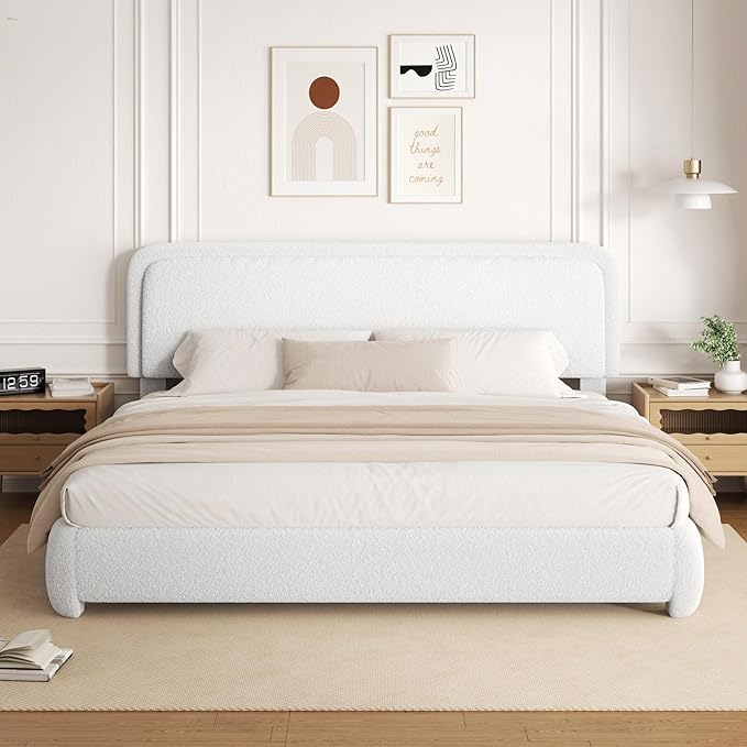 Queen Size Boucle Platform Bed Frame, Upholstered Cloud with Adjustable Headboard, Anti-Collision Soft Rounded Corners, No Box Spring Required, Easy Assembly, Noise Free