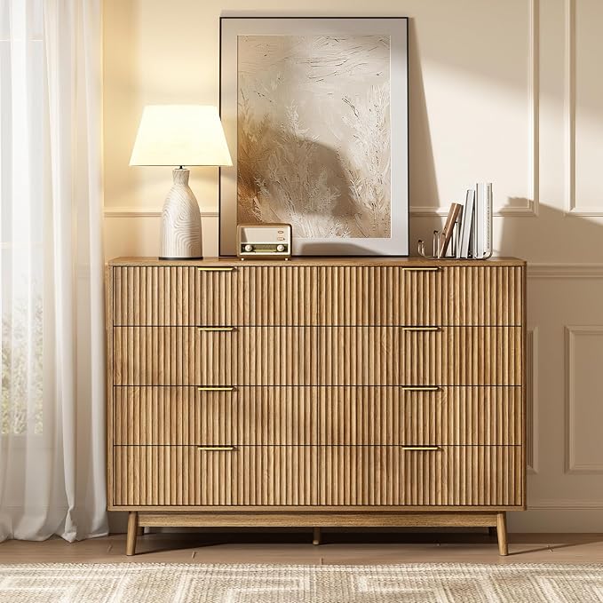 CARPETNAL Fluted 8 Drawer Dresser for Bedroom, 55" Wide Wooden Chest of Drawers with Rounded Corners, Gold Handles, Modern Storage Organizer for Bedroom, Hallway(Walnut)