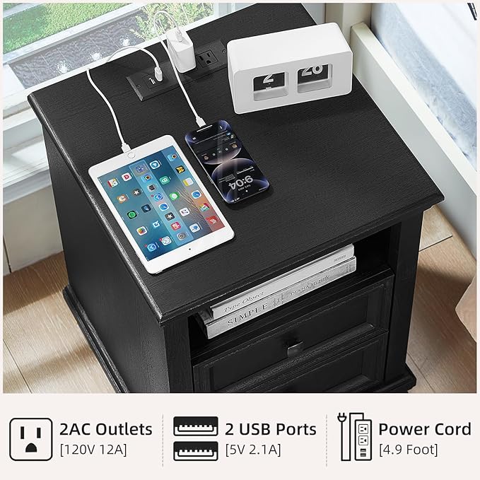 SAVOR LIFE Farmhouse Side Table with Charging Station, Rustic Black Nightstand,2 Drawers End Table for Living Room,Bedside Table with Open Shelf for Bed Room,Black