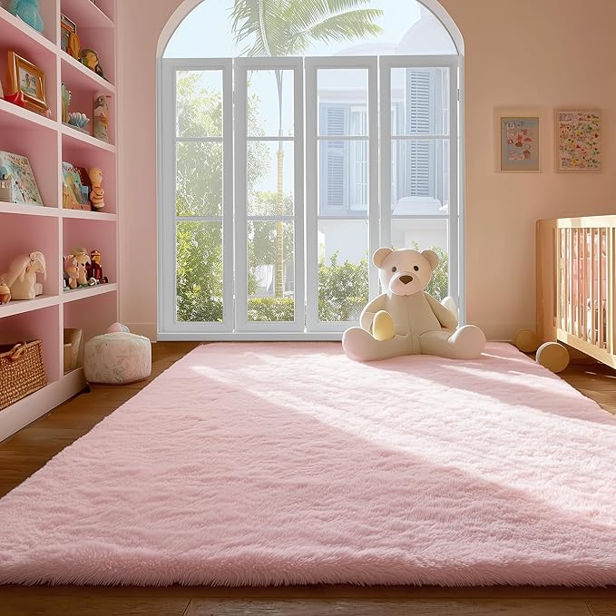 PAGISOFE Pink Rugs for Girls Bedroom 4x6 Ft Fluffy Cute Girls Room Decor Aesthetic Area Rugs Kawaii Baby Nursery Rugs Plush Playroom Shag Teen Girl Rug Thick Fur Dorm Rug Living Room Carpet