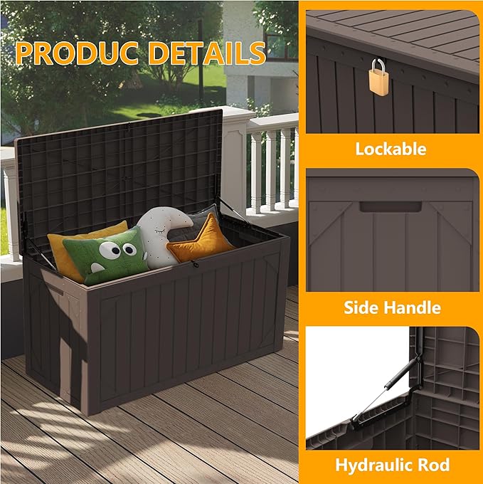 100 Gallon Outdoor Storage Box Waterproof, Lockable Resin Deck Box Patio Storage Bin for Pool Accessories Cushion Furniture, Garden Tools, UV-Resistant Outside Delivery, Brown
