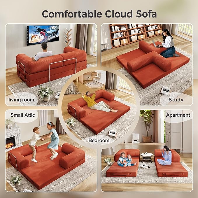 5-in-1 Folding Convertible Sofa Bed, 78 Inch Oversized Corduroy Upholstered Boneless Couch, Loveseat Sleeper with Pull Out Bed, Floor Sofa Modular Futon Couch for Living Room Bedroom Lounge