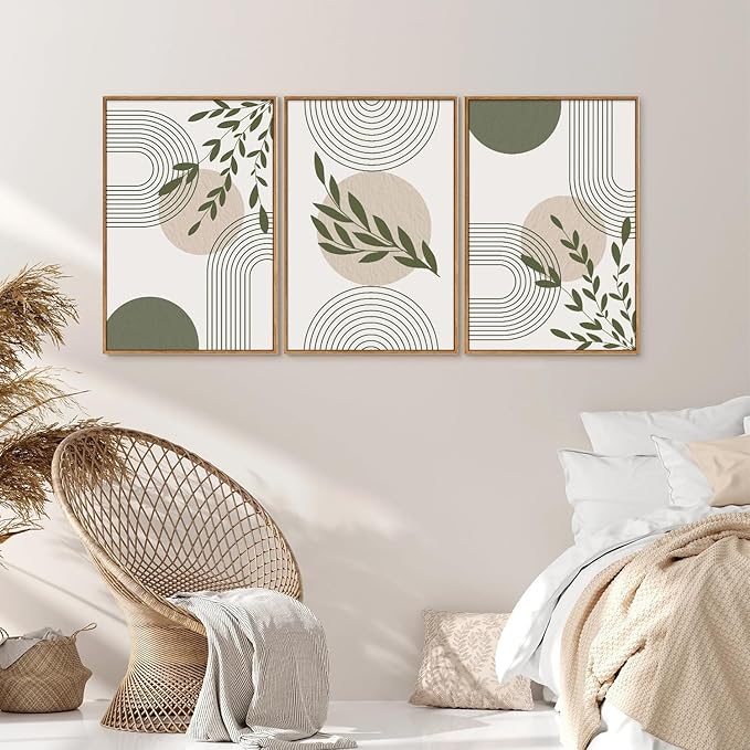 Yeehomedec Boho Sage Green Framed Canvas Wall Art, Mid Century Modern Wall Decor, Large Minimalist Botanical Art Print, Abstract Geometric Line Leaf Art Painting for Bathroom Living Room Bedroom Office 16"x24"x3