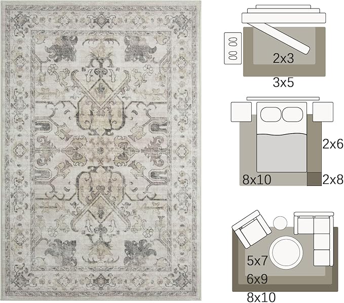 jinchan 3x5 Machine Washable Area Rugs for Entryway - Distressed Vintage Floral Ultra-Thin Low-Pile Soft Non-Shedding Indoor Floor Carpet for Kitchen Bedroom Entrance Laundry Living Room(3x5ft, Taupe)