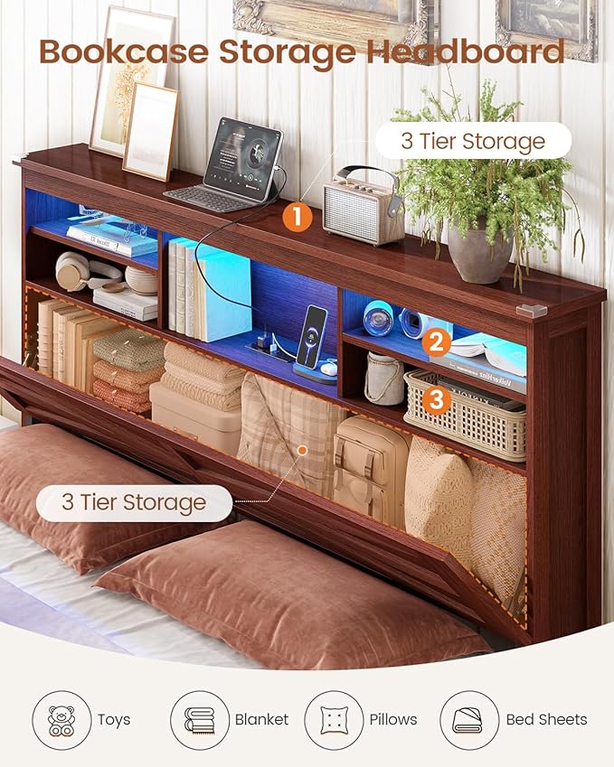 AOGLLATI Farmhouse Full Size Bed Frame with Lift Up Storage & Hidden Bookcase Storage Headbord, Wood Bed Frame Full with Charging Station, Led Lights, No Box Spring Needed, Brown