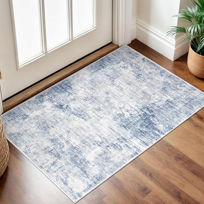 IOHOUZE Small Abstract Area Rug 2x3 Ft Entryway Rugs Washable Door Mat Indoor Entrance, Rubber Backed Throw Rugs, Printed Non Slip Floor Carpet for Foyer Front Door Sink, Light Blue White