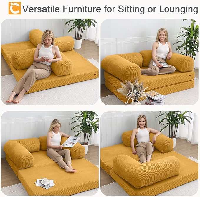 COMAX Folding Sofa Bed, 4-in-1 Convertible Foldable Floor Couch Futon Sofa with Armrests, Sleeper Mattress Fold Out Chair Bed Comfy Portable Lounge Guest for Living Room Bedroom, Yellow