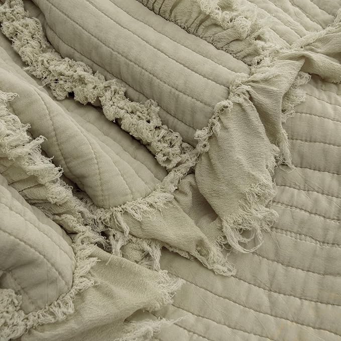 Ultra Soft Pre-Washed Quilted Boho Olive Green King Size Blankets for Bed, Green Ruffle Fringed Decorative Throw, Stone Washed Chic Rustic Blanket for Sofa Couch Bed, 104"*90"