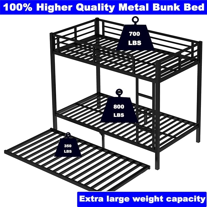 Upgraded Version Thicken Stronger Metal Heavy-Duty Twin XL Bunk Bed with Twin Size Trundle, Bunk Bed for Adults with Ladders, Easy Assemble (Twin XL Over Twin XL)