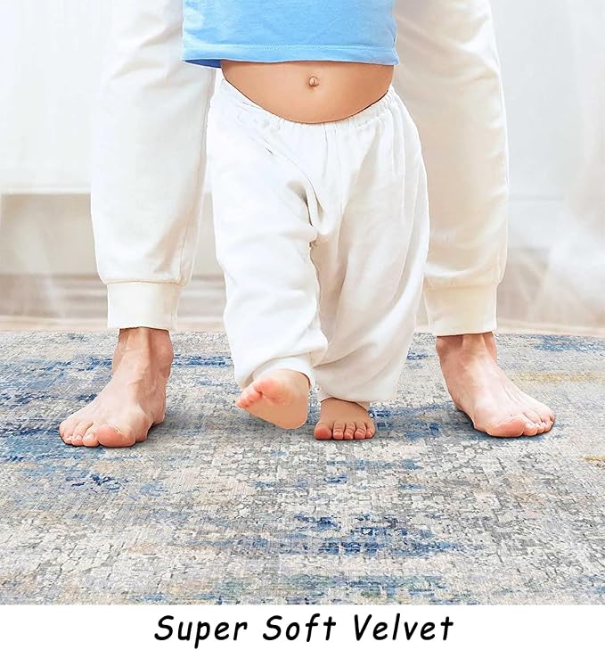 4x6 Rug, Small Area Rug for Living Room, Bedroom, Kitchen, Machine Washable Non-Slip Throw Rug, Modern Abstract Carpet for Entryway Nursery Coffee Table, Blue Ivory Yellow