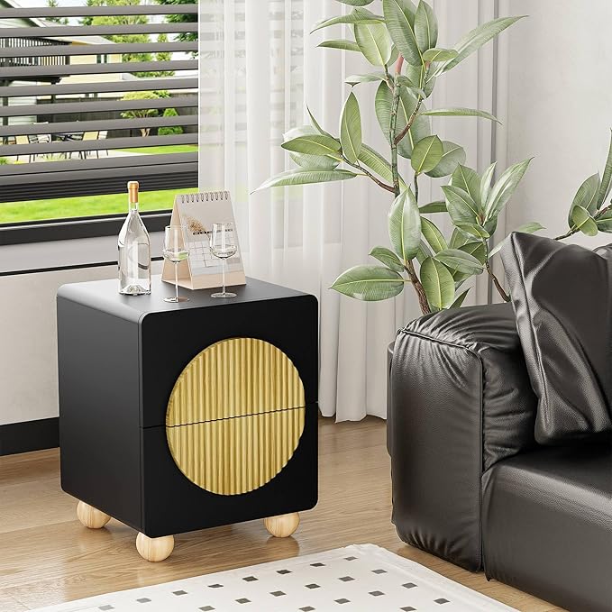 23" Black Nightstand with Solid Wood Legs, Modern Style Fluted Bedside Table with Round Moon Handle & Storage, Mid Century Cute Night Stand for Bedroom, Side Table, End Table
